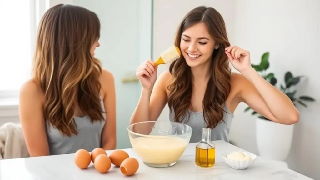 How to Make an Egg Hair Mask: Natural Moisture Boost for Your Hair 3 A bowl with beaten eggs, olive oil, and a hairbrush next to fresh ingredients on a bathroom counter – homemade egg hair mask preparation for moisturizing dry hair.