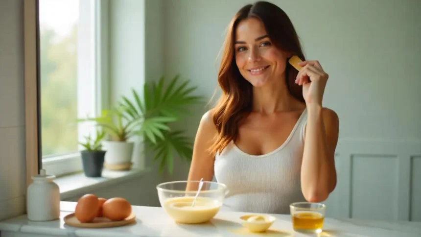How to Make an Egg Hair Mask: Natural Moisture Boost for Your Hair 1 How to Make an Egg Hair Mask: A bowl with beaten eggs, olive oil, and a hairbrush next to fresh ingredients on a bathroom counter – homemade egg hair mask preparation for moisturizing dry hair.