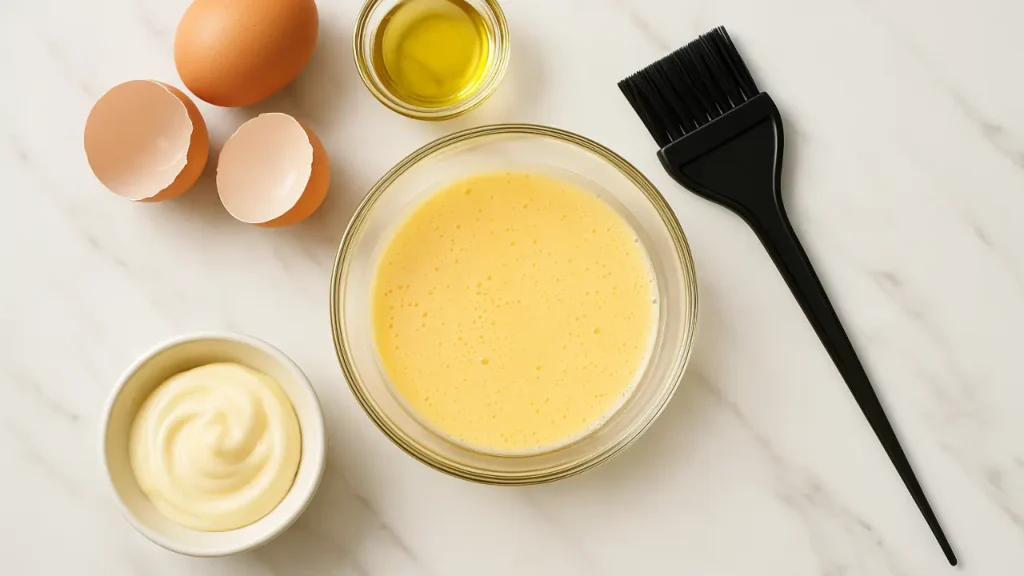 How to Make an Egg Hair Mask: Natural Moisture Boost for Your Hair 2 A bowl with beaten eggs, olive oil, and a hairbrush next to fresh ingredients on a bathroom counter – homemade egg hair mask preparation for moisturizing dry hair.