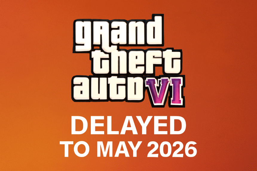 "GTA VI Delayed to 2026: What This Means for Take-Two and the Gaming Community" 1 gta vi A news graphic announcing the delay of Grand Theft Auto VI with a warm gradient background transitioning from reddish-orange to dark orange. The bold "Grand Theft Auto" logo sits above a prominent "VI" in magenta, while the words "DELAYED" and "TO MAY 2026" are displayed below in white text.