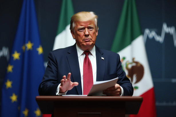 Donald Trump addressing press with trade documents, with EU and Mexico flags in the background, discussing 30% tariffs on imports.