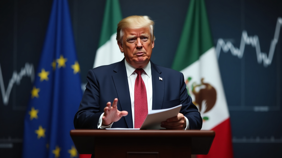 Donald Trump addressing press with trade documents, with EU and Mexico flags in the background, discussing 30% tariffs on imports.
